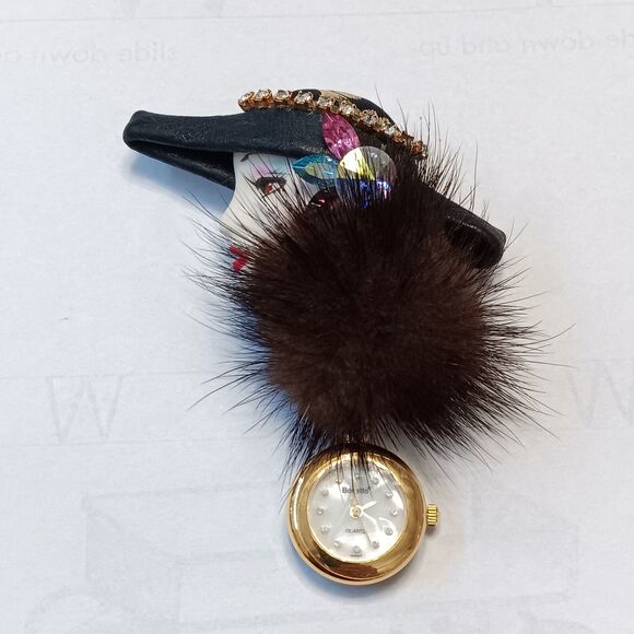 Vintage Bonetto Flapper Lady Face AB Rhinestone Mink Fur Watch Brooch Lapel Pin - Picture 1 of 9